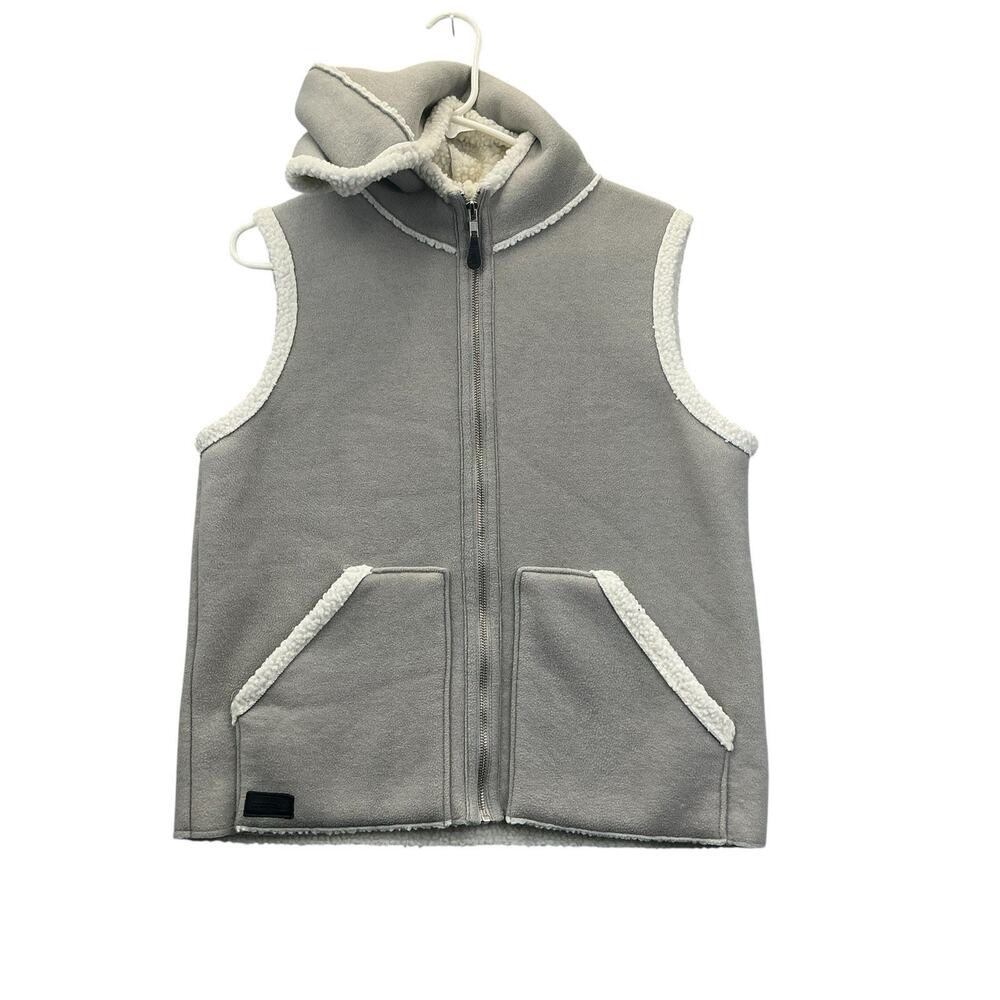 Ralph Lauren Hooded Vest Grey Suede Cozy White Sherpa Zipper Sz. Medium